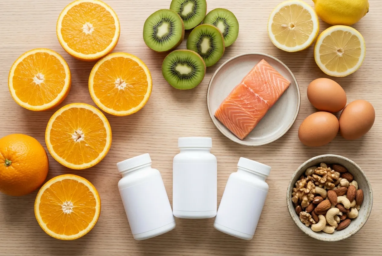 منابع ویتامین C و D و روی؛ مرکبات، تخم‌مرغ، ماهی و مکمل